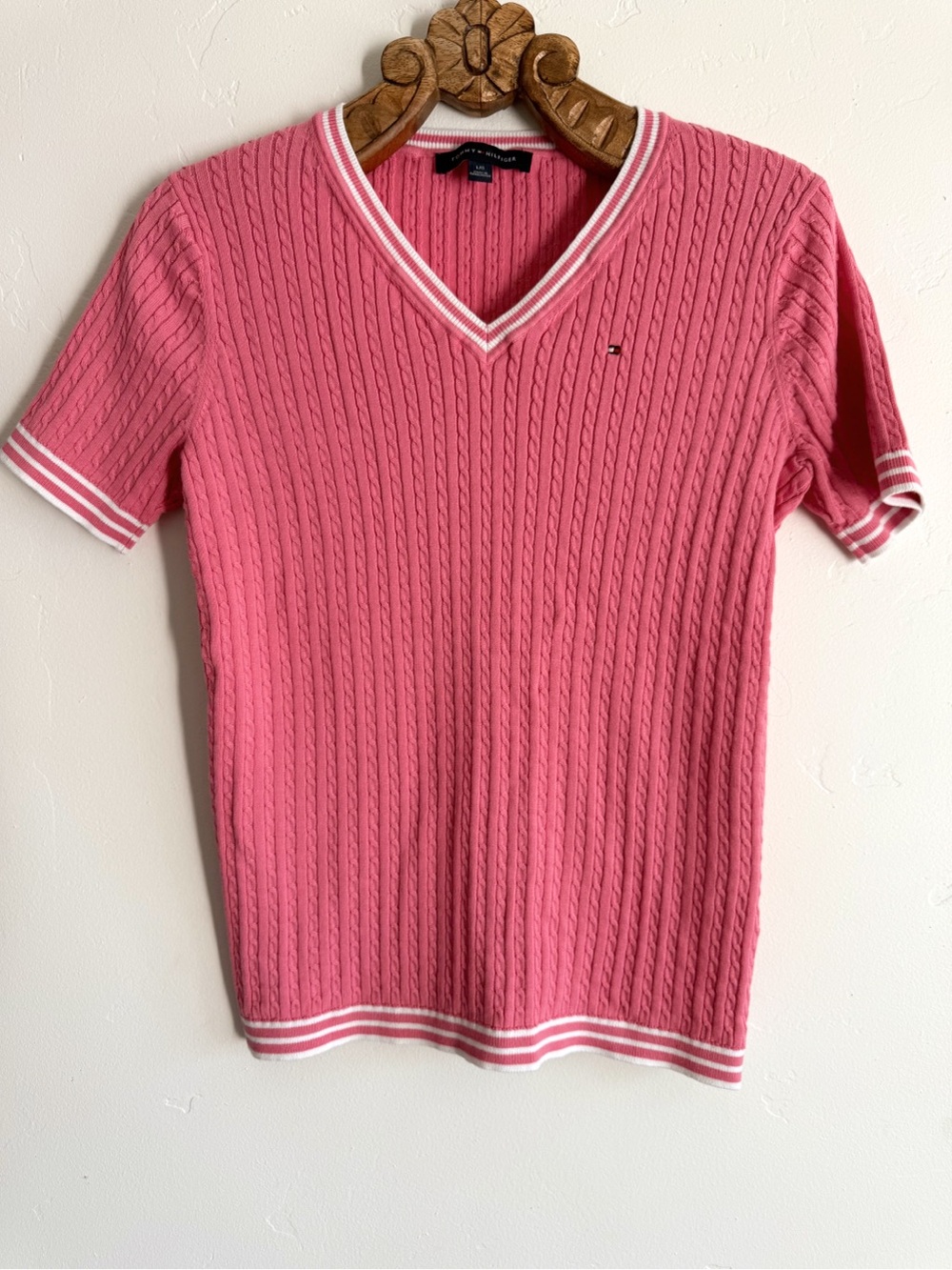 Tommy Hilfiger Rose Pink Cable-Knit V-Neck Short Sleeve Sweater